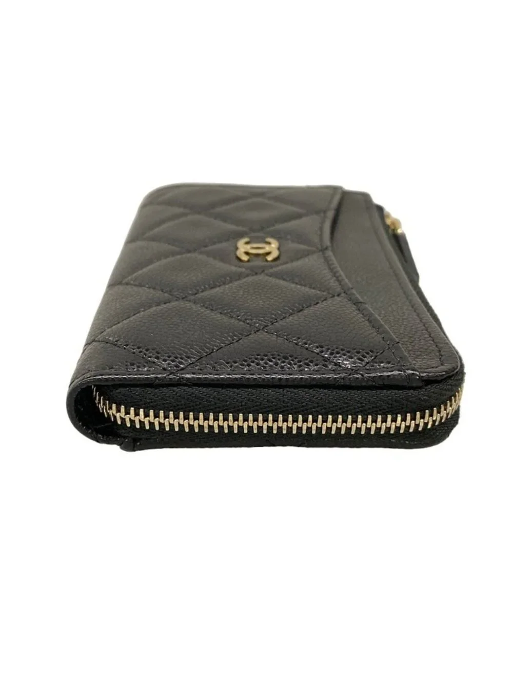 Chanel Coin Purse Classic Zip Card Case Quilted Black Gold CC Logo L-shaped